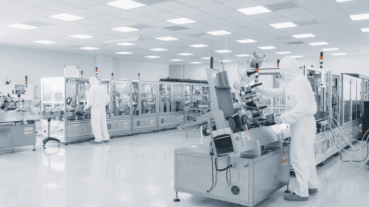 Pharmaceutical inspection process – A close-up of automated inspection in a pharmaceutical production line.